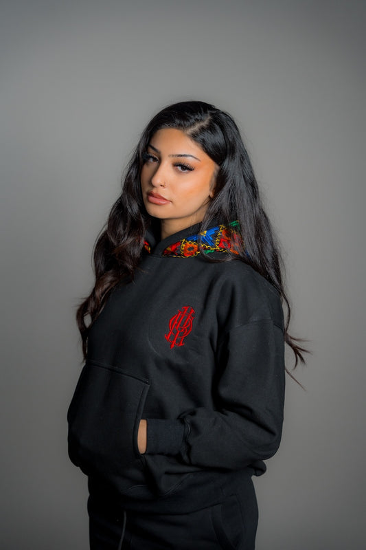 YOR Black Phulkari Hoodie featuring our phulkari embroidery