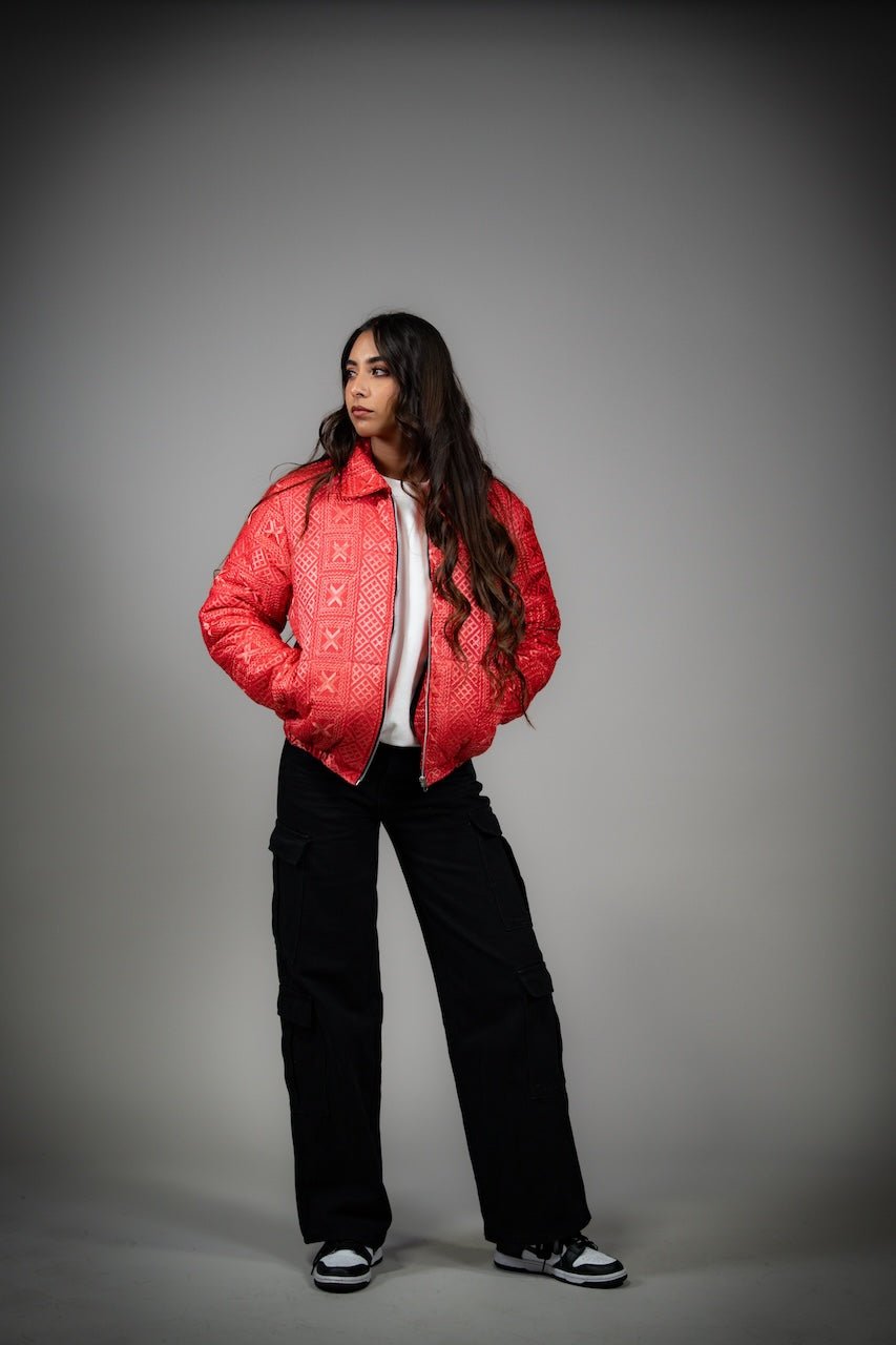 YOR® Women’s Valentine Phulkari Puffer Jacket - Strawberry - YourOwnRuler | Luxury Fashion Brand