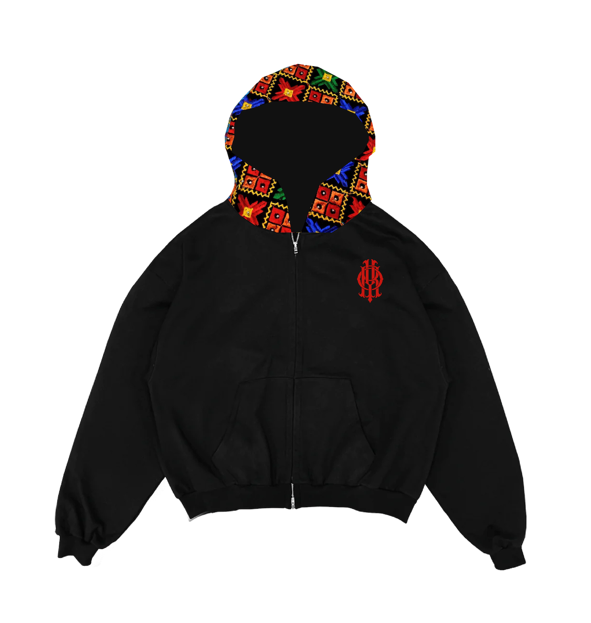 YOR® BLACK PHULKARI FULL ZIP HOODIE - BLACK (PRE-ORDER)