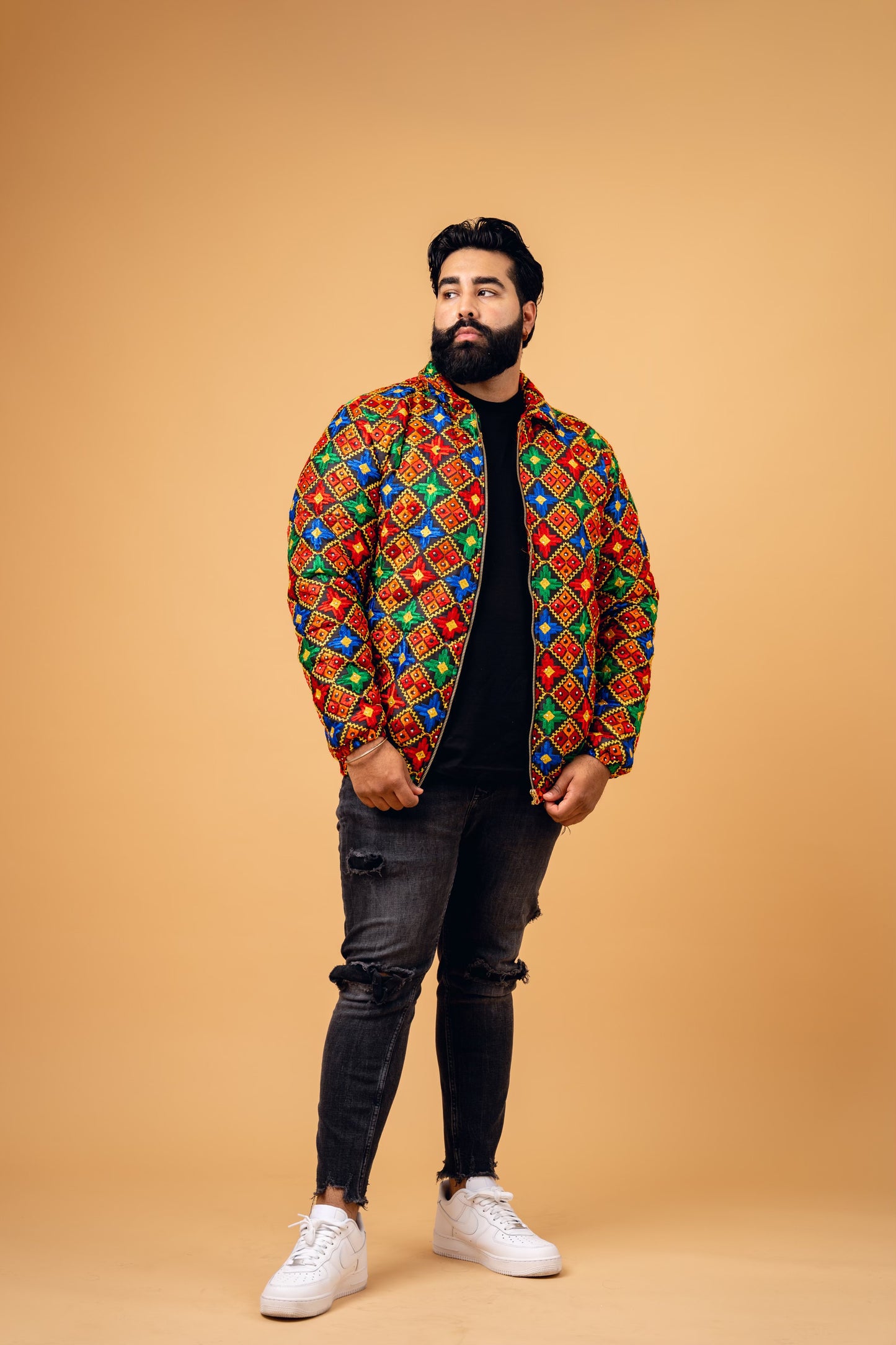 YOR® PHULKARI PUFFER JACKET - BLACK (PRE-ORDER)