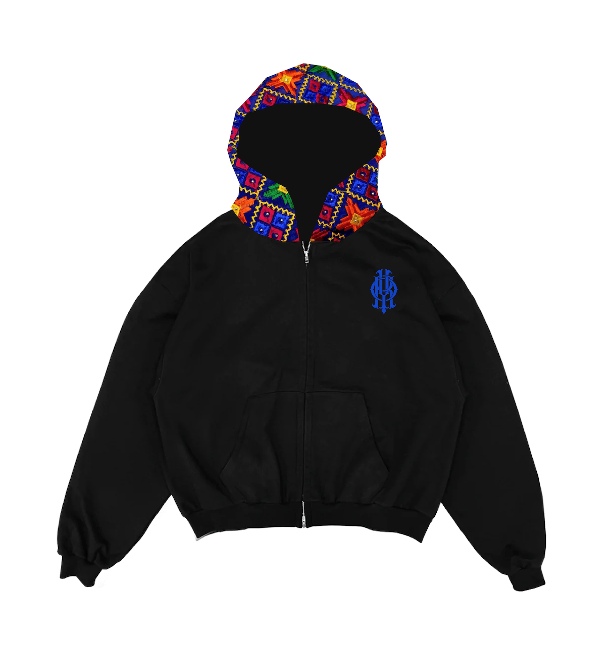 YOR® BLUE PHULKARI FULL ZIP HOODIE - BLACK (PRE-ORDER)