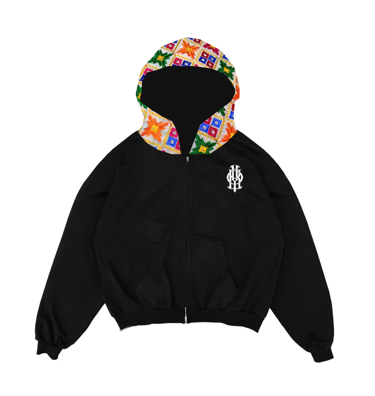 YOR® WHITE PHULKARI FULL ZIP HOODIE - BLACK (PRE-ORDER)