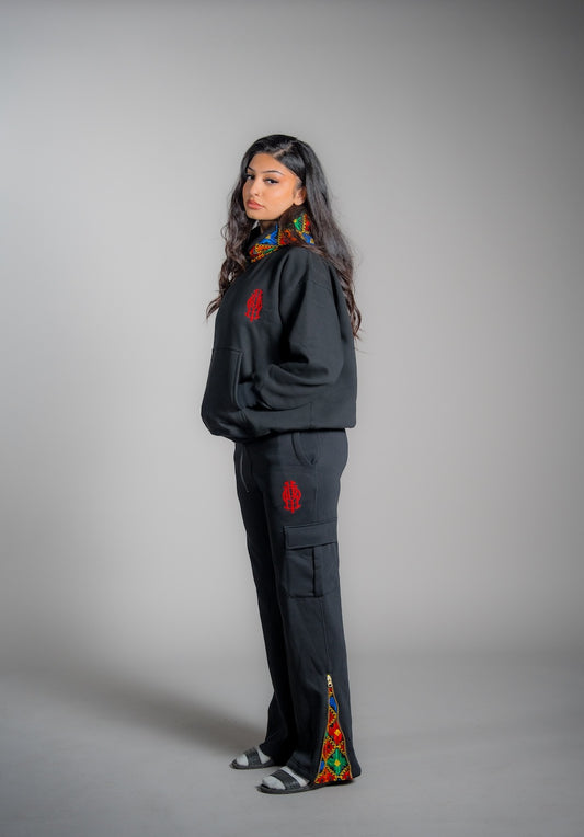 YOR Black Phulkari Hoodie featuring our phulkari embroidery 