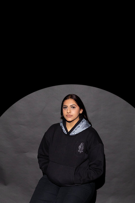 YOR Icy Grey Phulkari Hoodie in black with our one of a kind phulkari embroidery