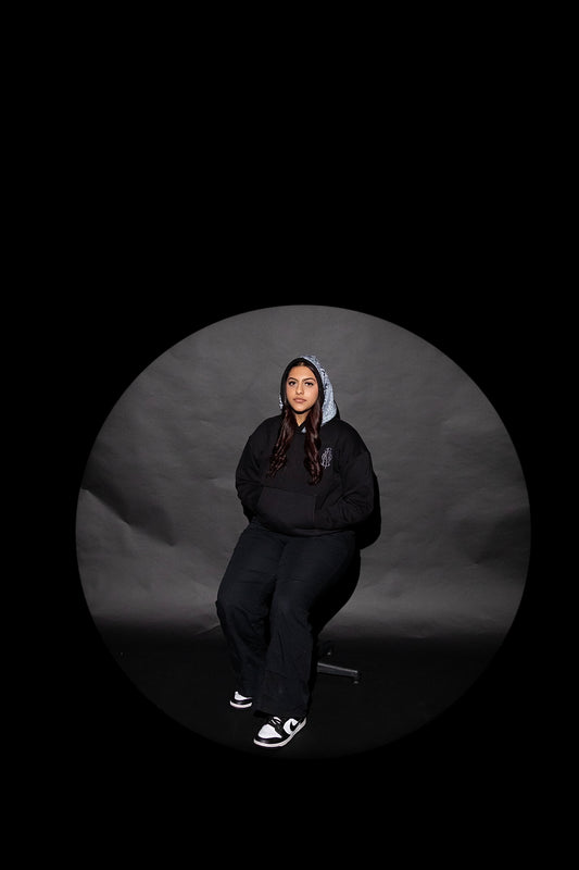 YOR Icy Grey Phulkari Hoodie in black with our one of a kind phulkari embroidery