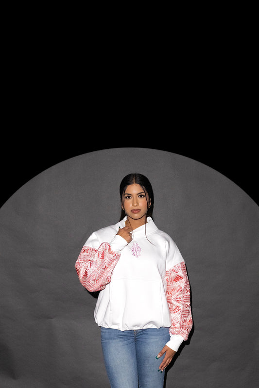 YOR Pink Phulkari Mockneck Sweatshirt featuring our spring colorway phulkari. 100% Cotton, heavyweight. 