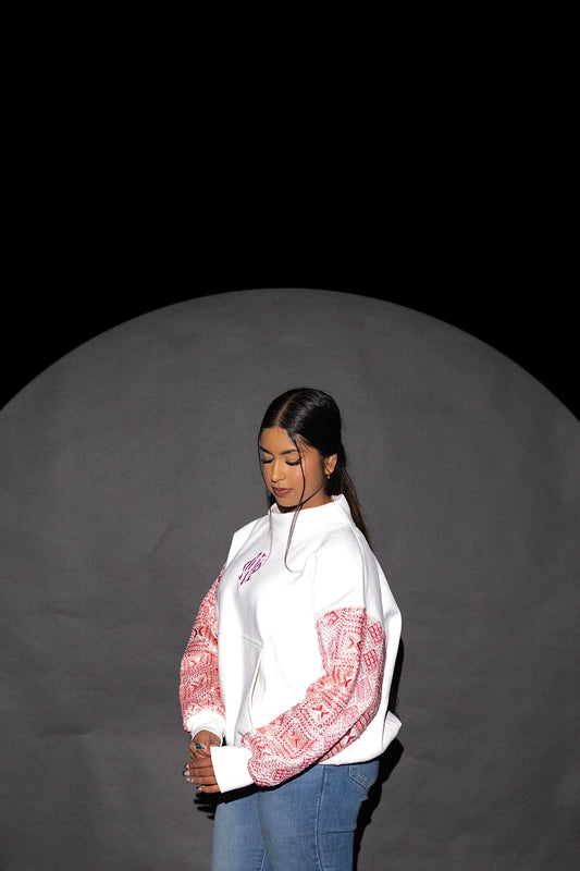 YOR Pink Phulkari Mockneck Sweatshirt featuring our spring colorway phulkari. 100% Cotton, heavyweight. 