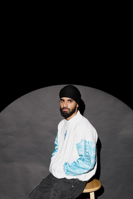 YOR UNC Blue Phulkari Mockneck Sweatshirt featuring our spring colorway phulkari. 100% Cotton, heavyweight. 