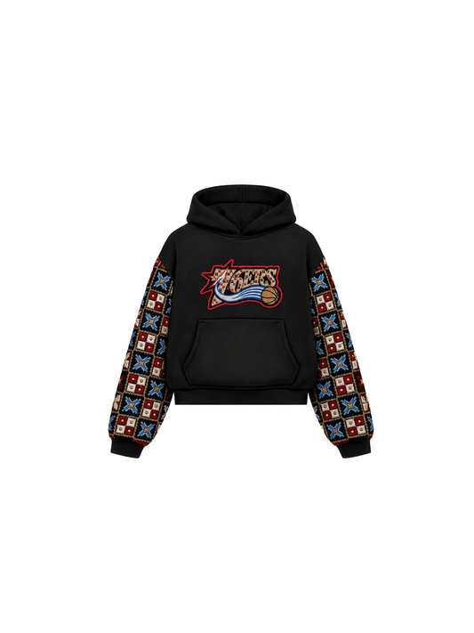 YOR® 76ERS Phulkari Sleeve Hoodie — Black - YourOwnRuler | Luxury Fashion Brand