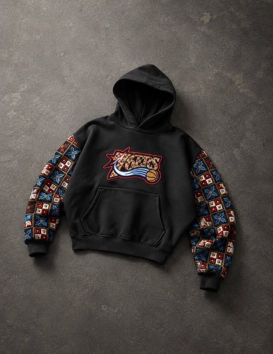 YOR® 76ERS Phulkari Sleeve Hoodie — Black - YourOwnRuler | Luxury Fashion Brand