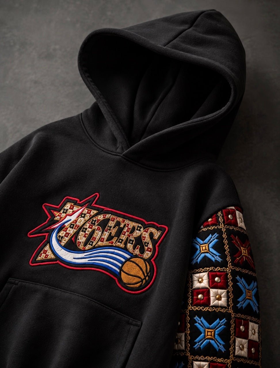 YOR® 76ERS Phulkari Sleeve Hoodie — Black - YourOwnRuler | Luxury Fashion Brand