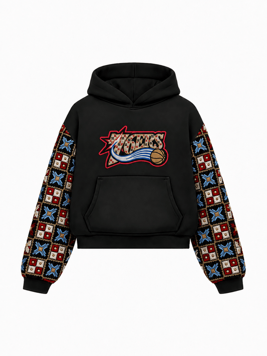 YOR® 76ERS Phulkari Sleeve Hoodie — Black - YourOwnRuler | Luxury Fashion Brand