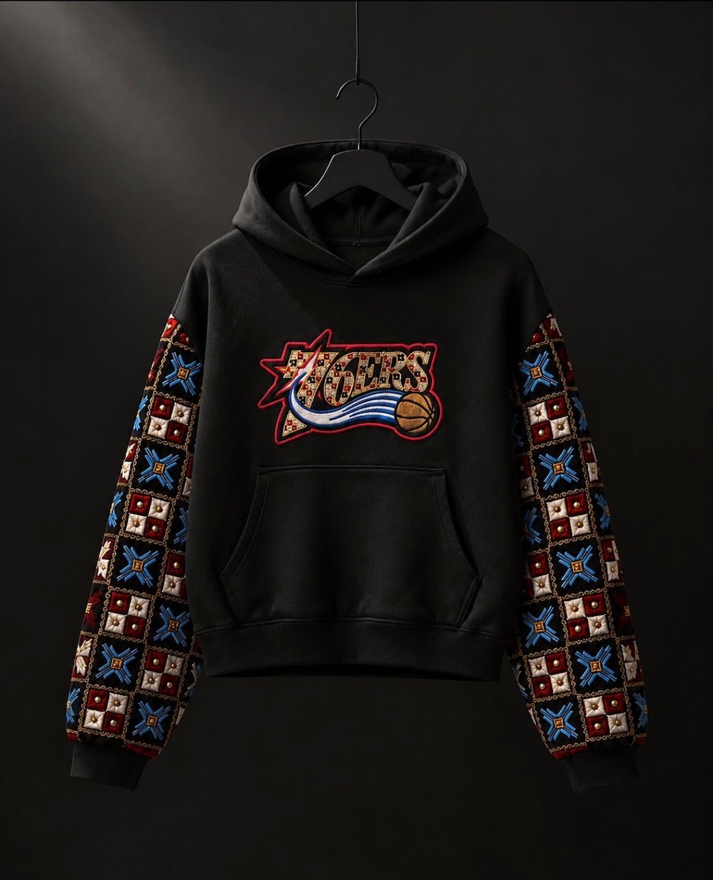 YOR® 76ERS Phulkari Sleeve Hoodie — Black - YourOwnRuler | Luxury Fashion Brand