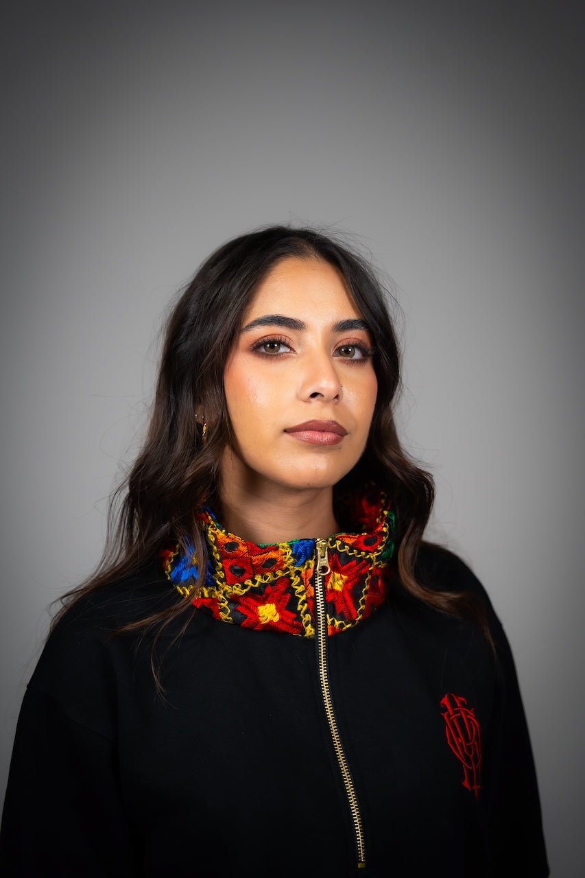YOR® Black Phulkari Quarter Zip - Black - YourOwnRuler | Luxury Fashion Brand