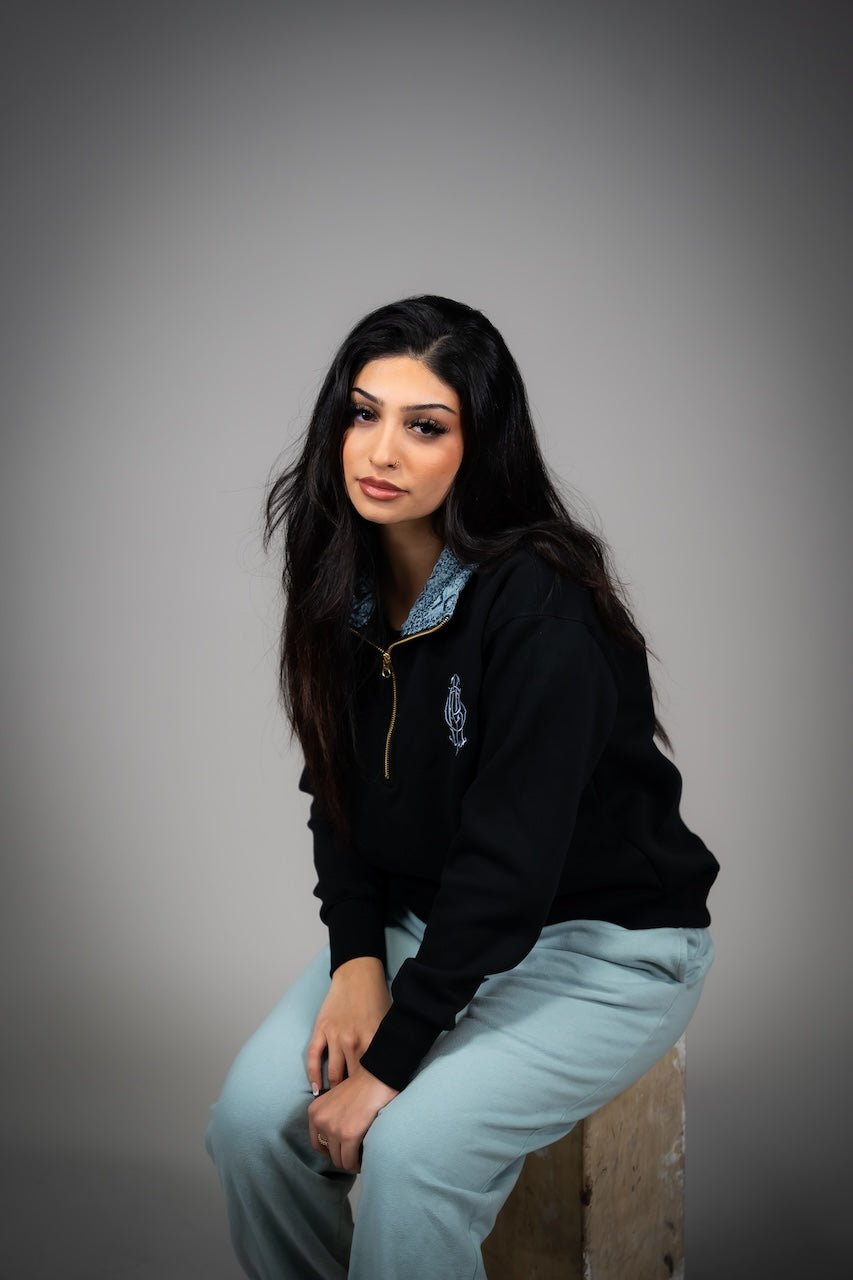 YOR® Icy Grey Phulkari Quarter Zip - Black - YourOwnRuler | Luxury Fashion Brand