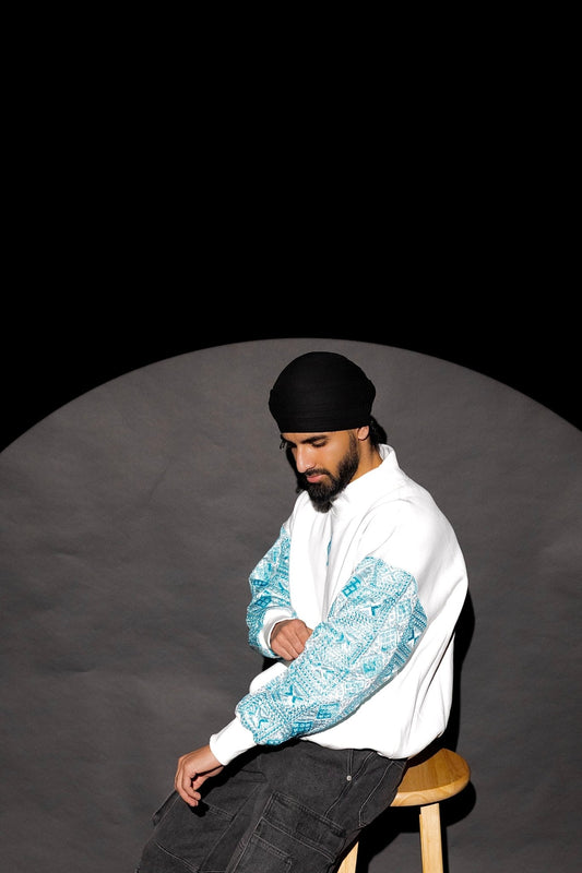 YOR® UNC Blue Phulkari Mock Neck Sweatshirt - White - YourOwnRuler | Luxury Fashion Brand