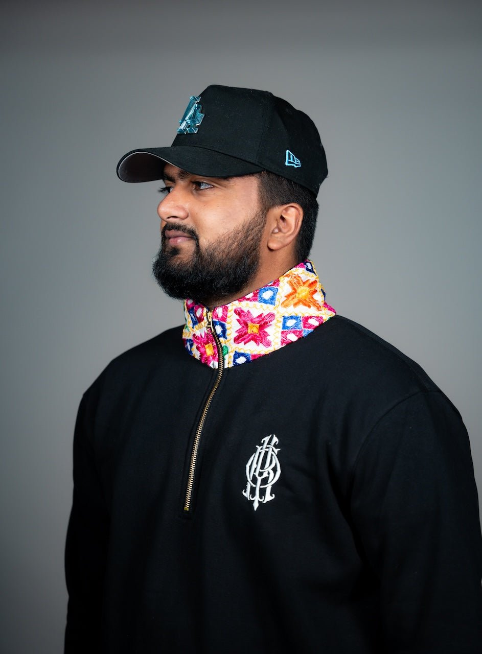 YOR® White Phulkari Quarter Zip - Black - YourOwnRuler | Luxury Fashion Brand