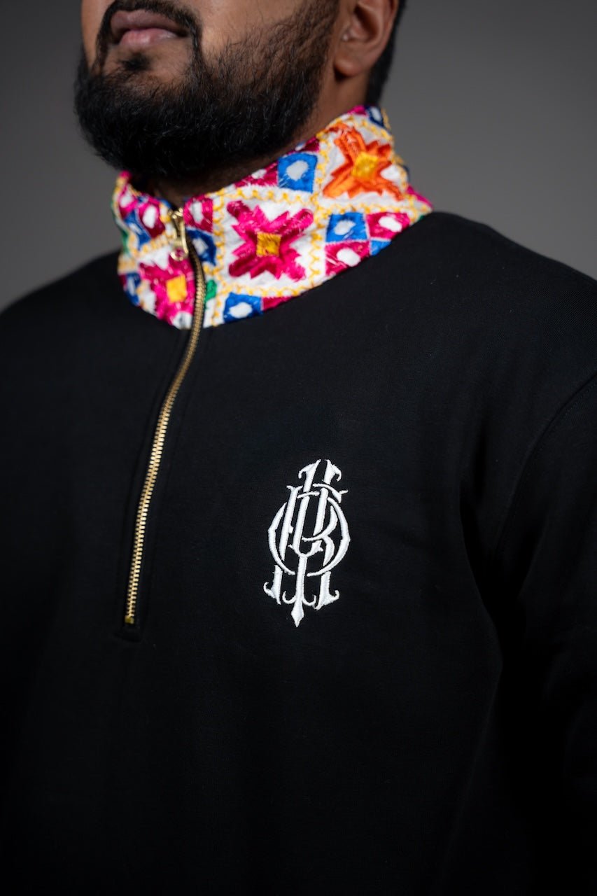 YOR® White Phulkari Quarter Zip - Black - YourOwnRuler | Luxury Fashion Brand