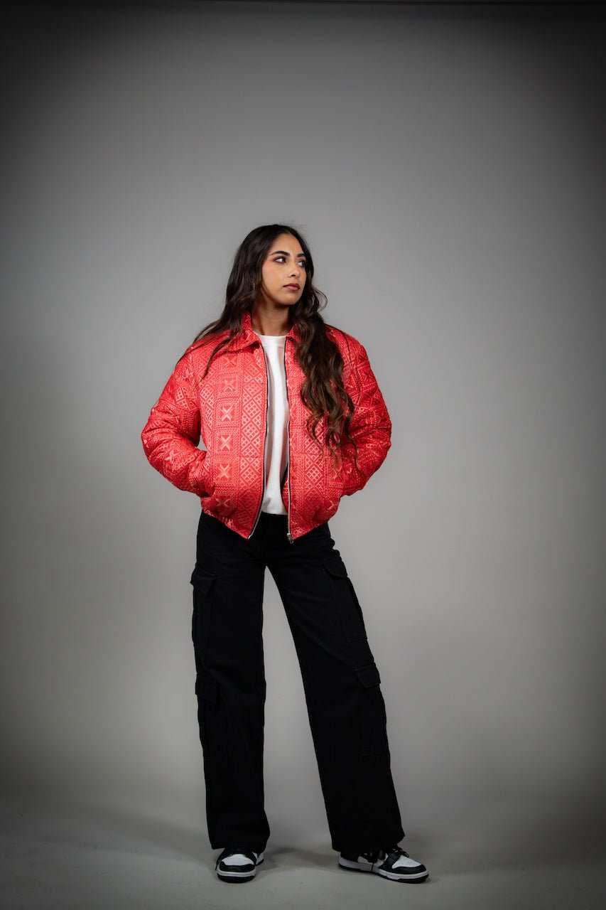 YOR® Women’s Valentine Phulkari Puffer Jacket - Strawberry - YourOwnRuler | Luxury Fashion Brand
